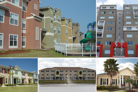 graphic featuring multiple exterior shots of apartments